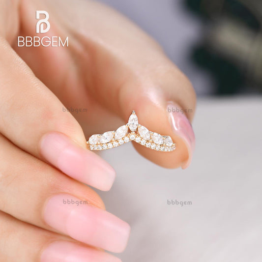 14K/18K Gold Unique Marquise And Round Moissanite Wedding Band for Women Half Eternity