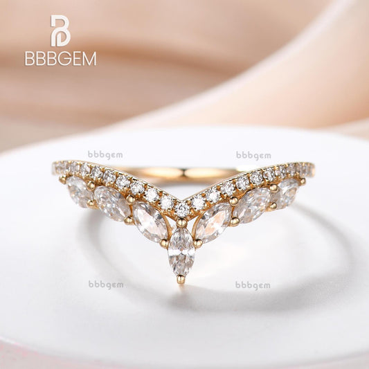 14K/18K Gold Unique Marquise And Round Moissanite Wedding Band for Women Half Eternity