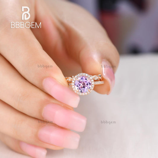 2pcs Round cut 7mm amethyst,bridal ring set,diamond engagement ring,solid 14k white gold,Stacking matching,marquise,Half eternity wedding
