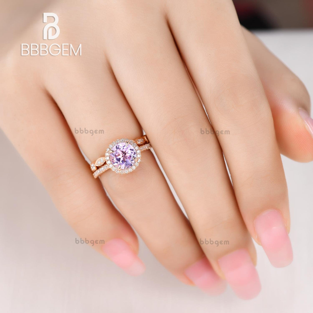2pcs Round cut 7mm amethyst,bridal ring set,diamond engagement ring,solid 14k white gold,Stacking matching,marquise,Half eternity wedding