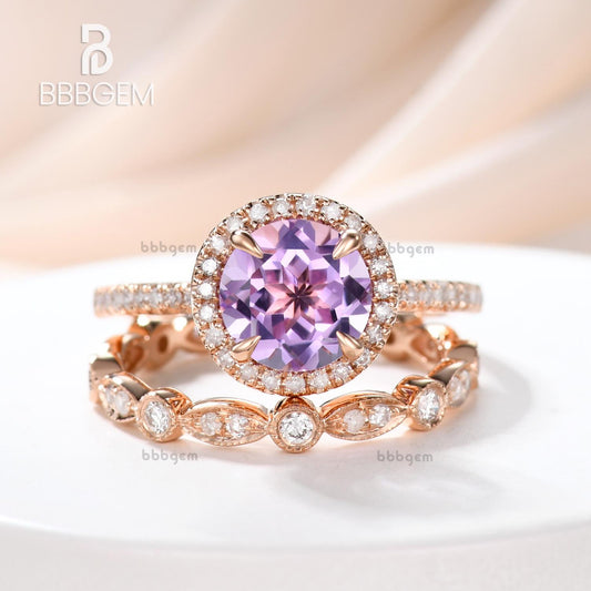 2pcs Round cut 7mm amethyst,bridal ring set,diamond engagement ring,solid 14k white gold,Stacking matching,marquise,Half eternity wedding
