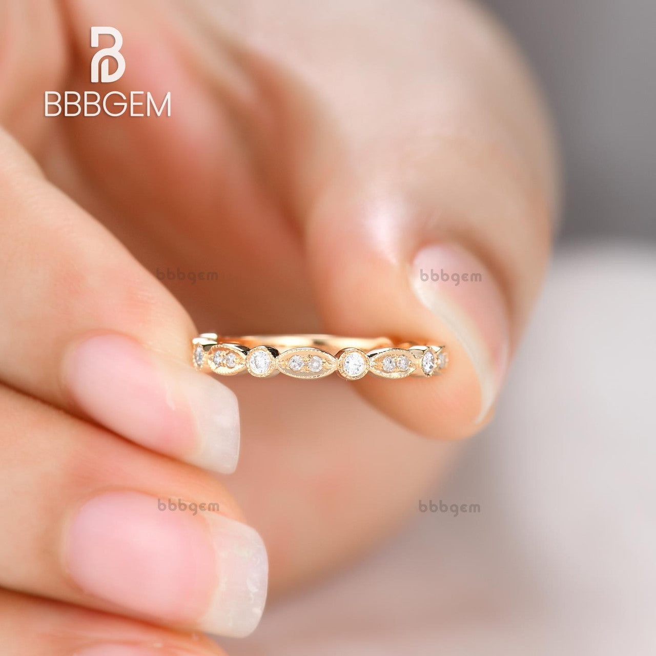 Diamond Eternity Rings 14k Rose Gold Antique Art Deco Wedding Band Marquise Anniversary