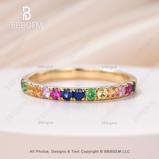 18K Yellow Gold Rainbow Sapphire Wedding Band In Half Eternity Pave Family Anniversary Ring
