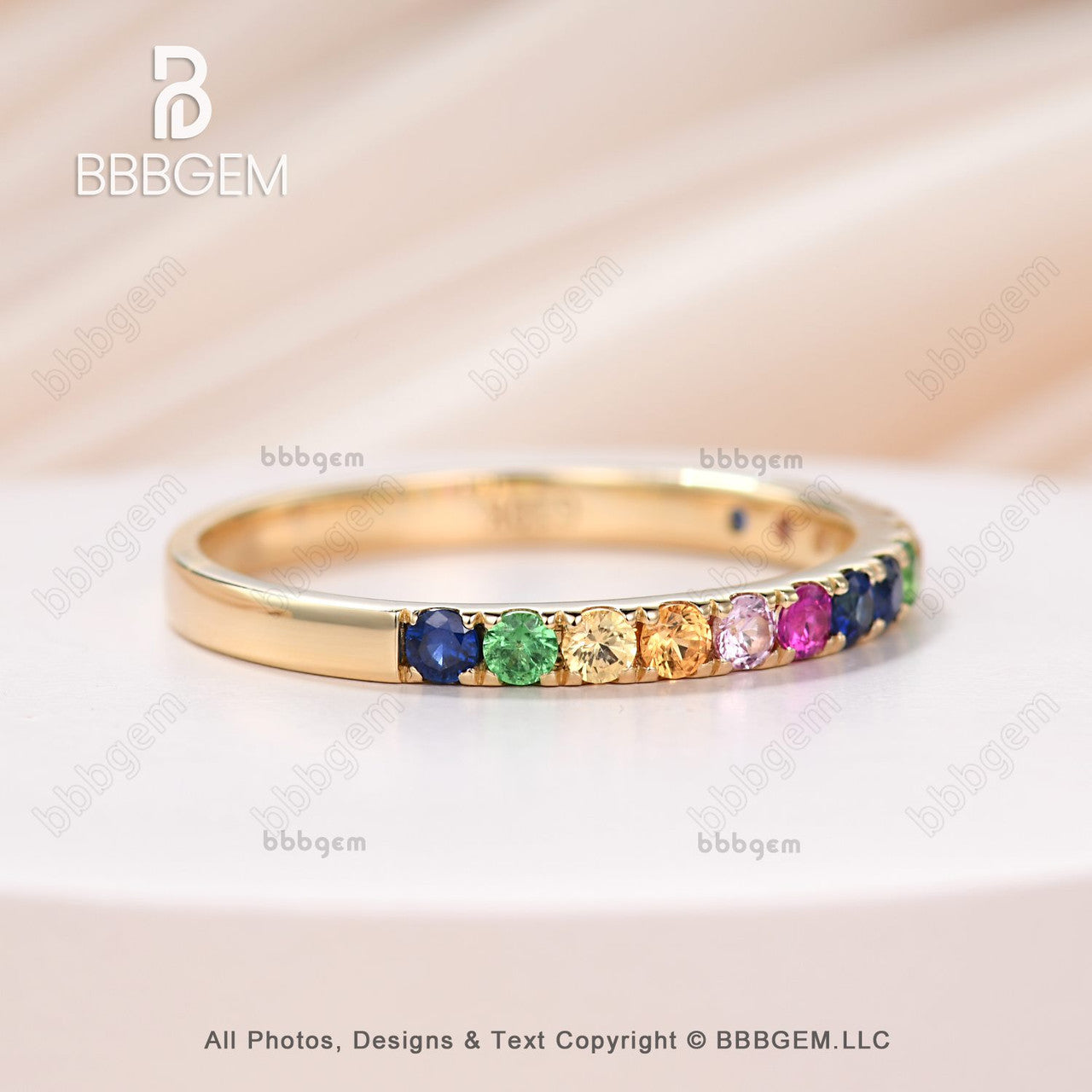 18K Yellow Gold Rainbow Sapphire Wedding Band In Half Eternity Pave Family Anniversary Ring